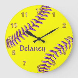 Personalized Softball Clocks, Purple Name, Threads Große Wanduhr