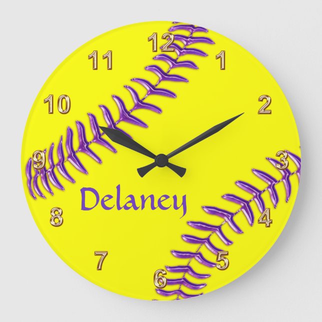 Personalized Softball Clocks, Purple Name, Threads Große Wanduhr (Vorderseite)