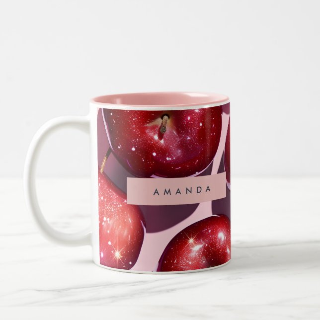Personalized Sparkling Red Apple Pink Background Zweifarbige Tasse (Links)