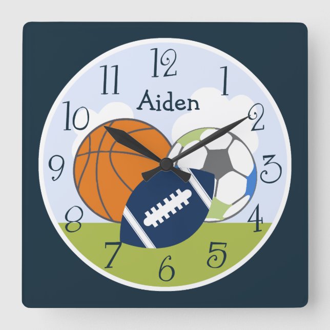 Personalized Sports Balls Kids Clock Quadratische Wanduhr (Vorderseite)