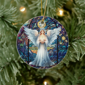 Personalized Stained Glass Look Guardian Angel Keramik Ornament