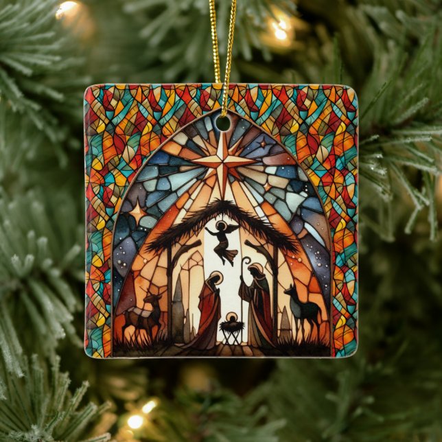 Personalized Stained Glass Nativity Scene Christma Keramikornament (Baum)