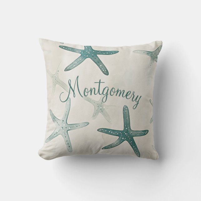 Personalized Starfish Green Beige Coastal Kissen (Vorderseite)