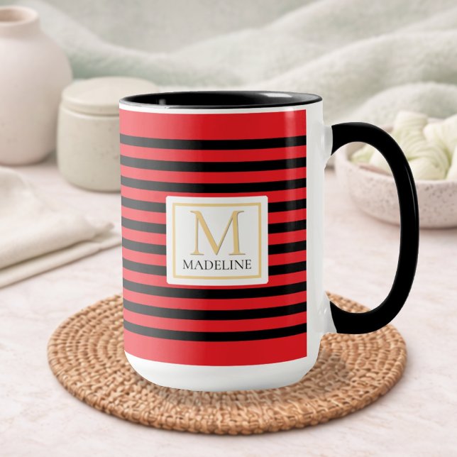 Personalized Stripe Name Mug Red Black White Tasse (Von Creator hochgeladen)
