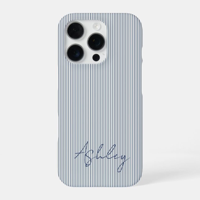 Personalized Striped Blue Tones Minimalist Chic iPhone 16 Pro Hülle (Rückseite)