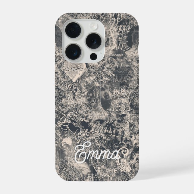 Personalized Stylish Black Paris Toile Design iPhone 15 Pro Hülle (Rückseite)