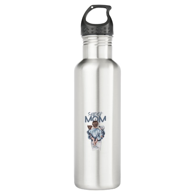 Personalized Super Mom with Son and Daughter Gift Edelstahlflasche (Vorderseite)