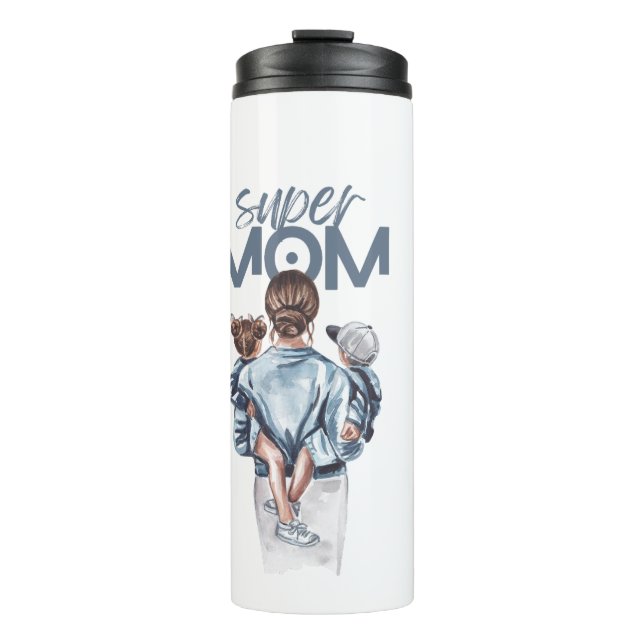 Personalized Super Mom with Son and Daughter Gift Thermosbecher (Vorderseite)