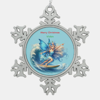 Personalized Surfer Fairy Christmas Snowflake Schneeflocken Zinn-Ornament