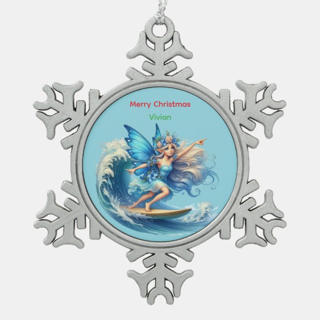 Personalized Surfer Fairy Christmas Snowflake  Schneeflocken Zinn-Ornament (Vorderseite)