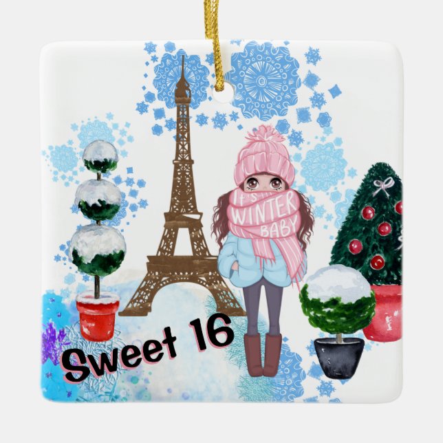Personalized Sweet 16 Paris Wintereiffel Tower Keramikornament (Vorderseite)