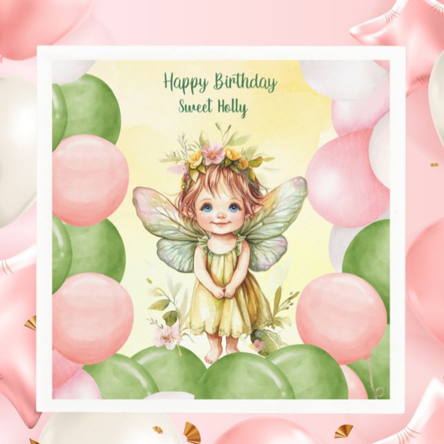 Personalized Sweet Fairy 1st Birthday Napkins Serviette (Personalized Sweet Fairy 1st Birthday Napkin | Pastel Pink & Green Balloons)