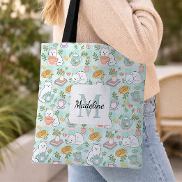 Personalized Tea Bookish Cats Tote Bag Mint Green Tasche