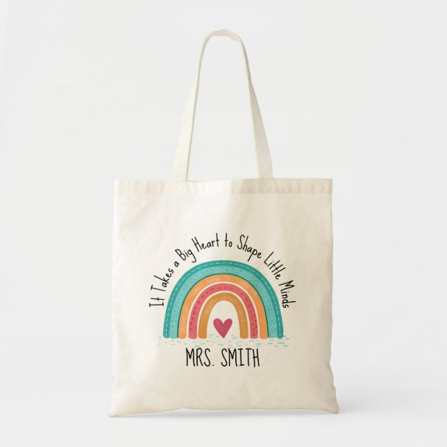 Personalized Teacher Tote Bag – Big Heart Rainbow Tragetasche (Vorne)