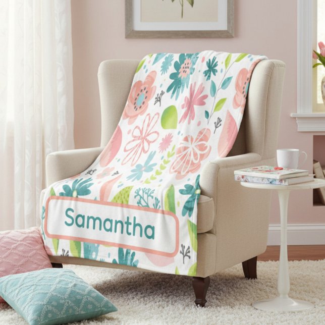 Personalized Teal and Pink Floral Fleecedecke (Von Creator hochgeladen)