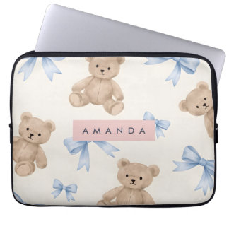 Personalized Teddy Bear & Blue Bow Pattern Laptopschutzhülle