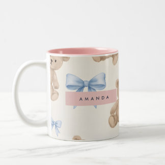 Personalized Teddy Bear & Blue Bow Pattern Zweifarbige Tasse