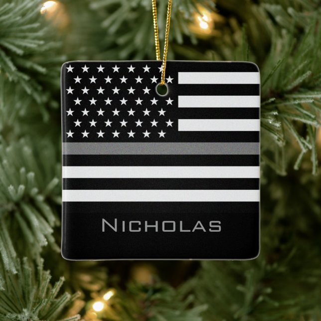 Personalized Thin Gray Line Flag Keramikornament (Baum)