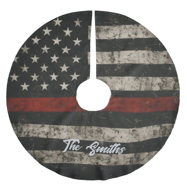 Personalized Thin Red Line American Flag Polyester Weihnachtsbaumdecke (Vorderseite)