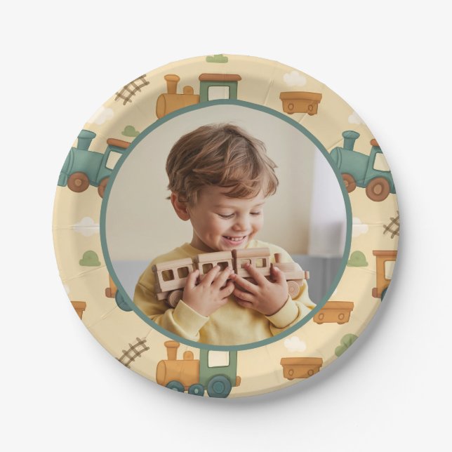 Personalized Train Birthday Photo Party Pappteller (Vorderseite)