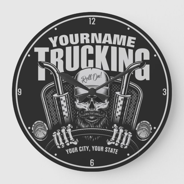 Personalized Trucking Skull Trucker Big Rig Truck  Große Wanduhr (Vorderseite)