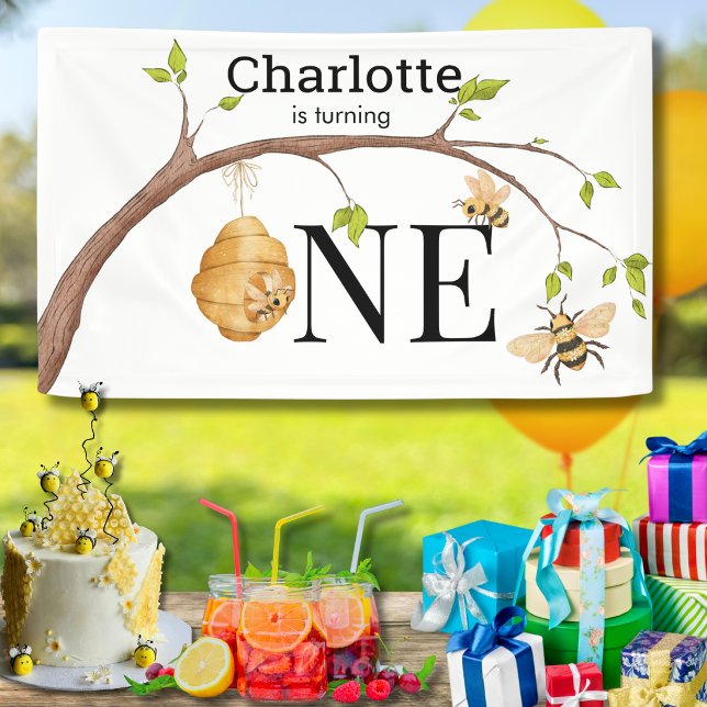Personalized Turning One Bee Themed Birthday Party Banner (Von Creator hochgeladen)