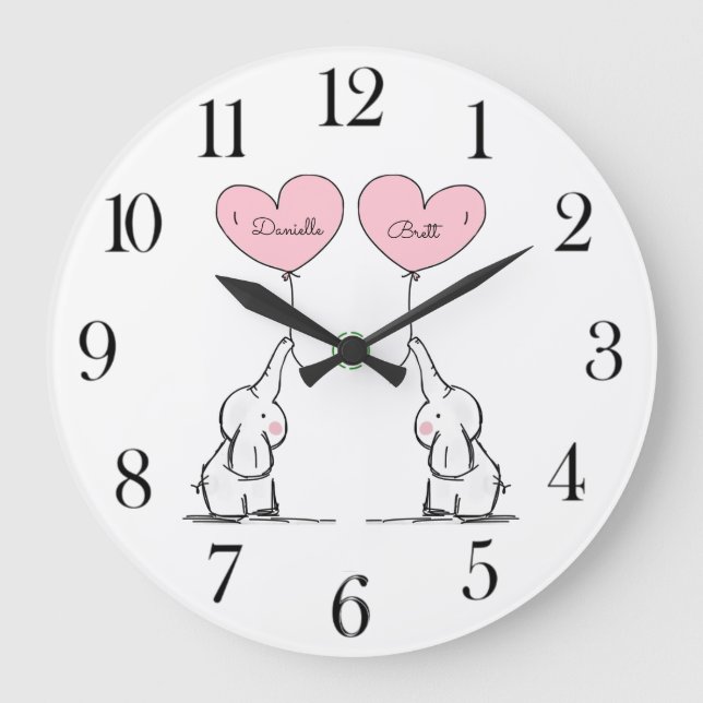 Personalized Twins Baby Elephants Nursery  Große Wanduhr (Vorderseite)