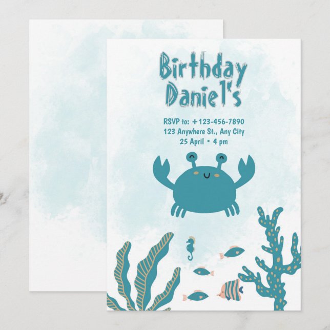 Personalized Under the Sea Crab Birthday Invitatio Einladung (Vorne/Hinten)