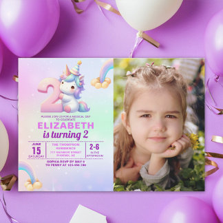 Personalized Unicorn 2nd Birthday Photo Invitation Einladung