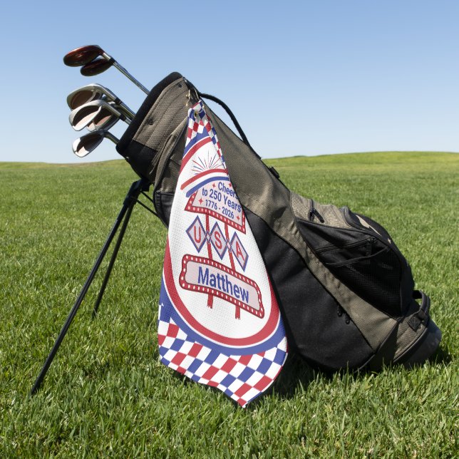 Personalized USA 250–Patriotic Retro Marquee Golfhandtuch (Gras)