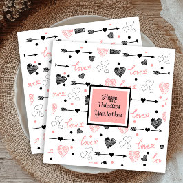 Personalized Valentine Pink Black Hearts Sketch Serviette
