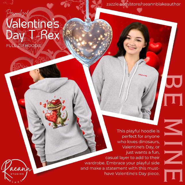 Personalized Valentine's Day T-Rex Full-Zip Hoodie (Von Creator hochgeladen)