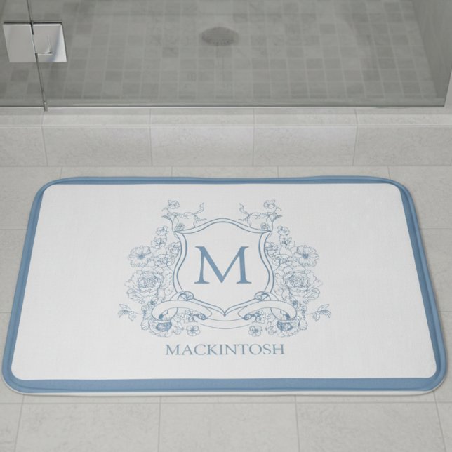 Personalized Vintage Blue Bath Mat Badematte (elegant powder blue french provincial family crest personalized monogram bath mat)
