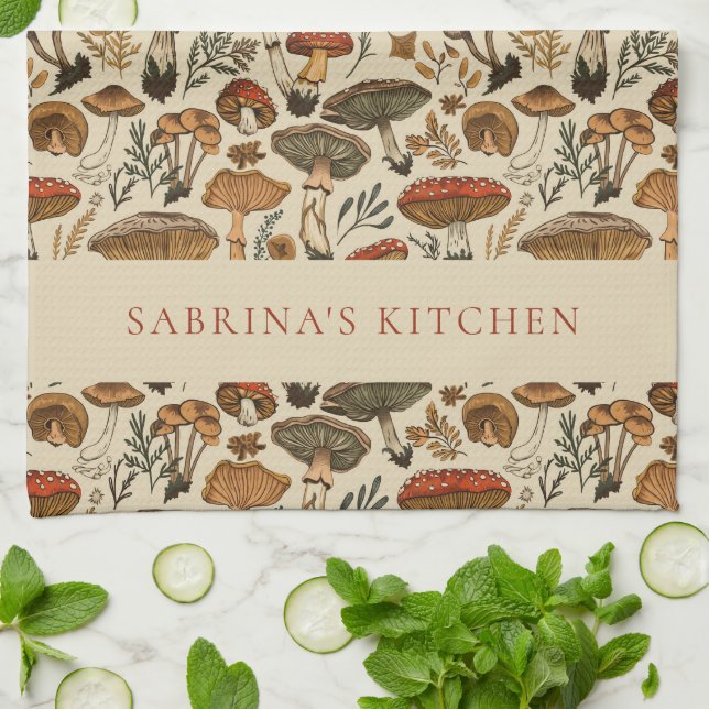 Personalized Vintage Forest Mushroom Pattern  Geschirrtuch (Gefaltet)