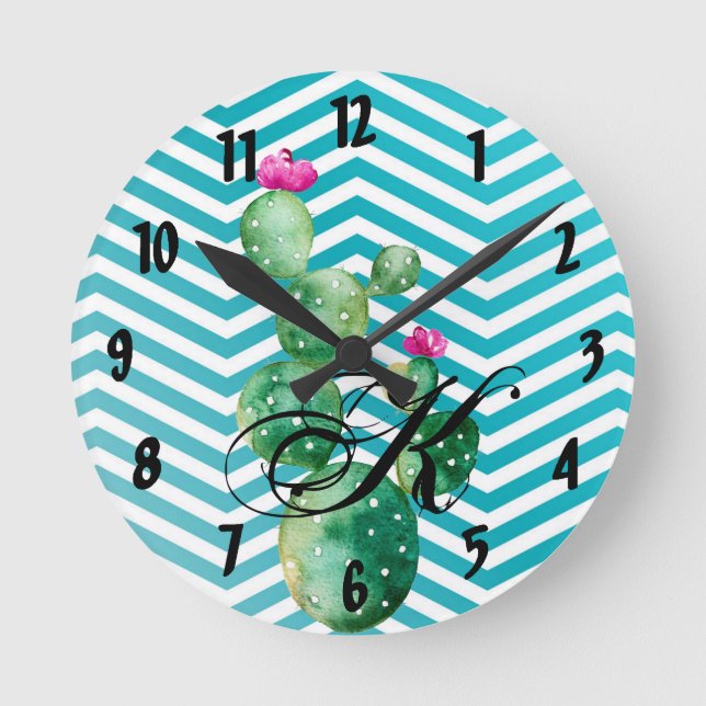 Personalized Wall Clock Boho Cacti Cactus Succulen Runde Wanduhr (Vorderseite)