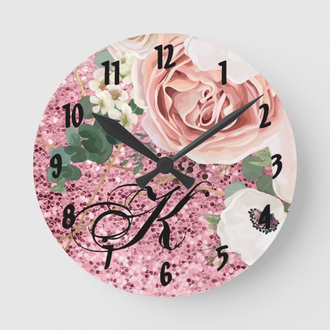 Personalized Wall Clock Geometric Garden Rose Glit Runde Wanduhr (Vorderseite)