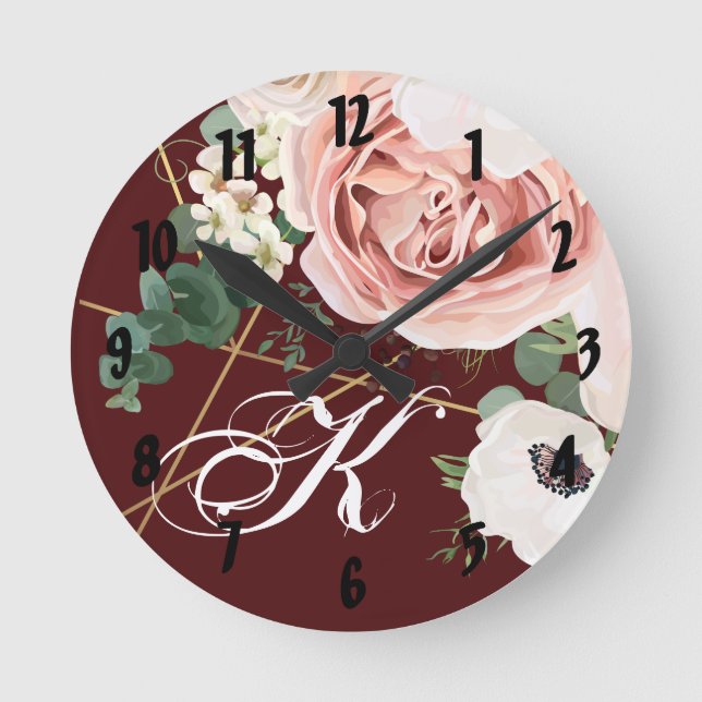 Personalized Wall Clock Geometric Garden Rose Wine Runde Wanduhr (Vorderseite)
