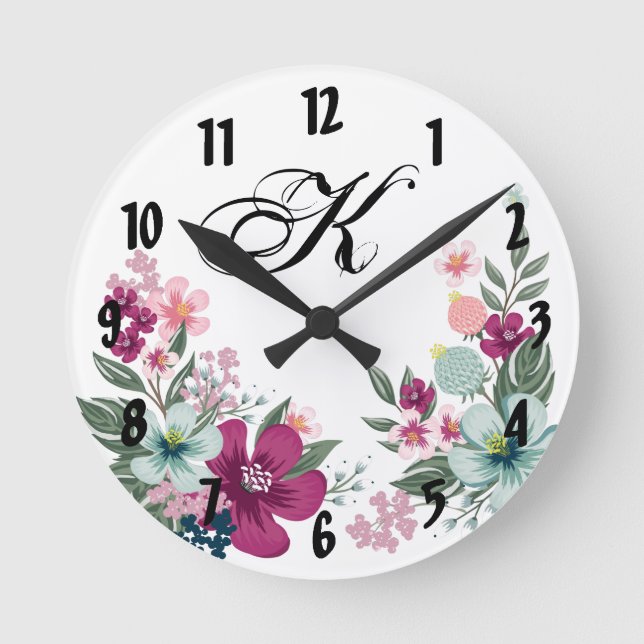 Personalized Wall Clock Tropical Flower on White Runde Wanduhr (Vorderseite)