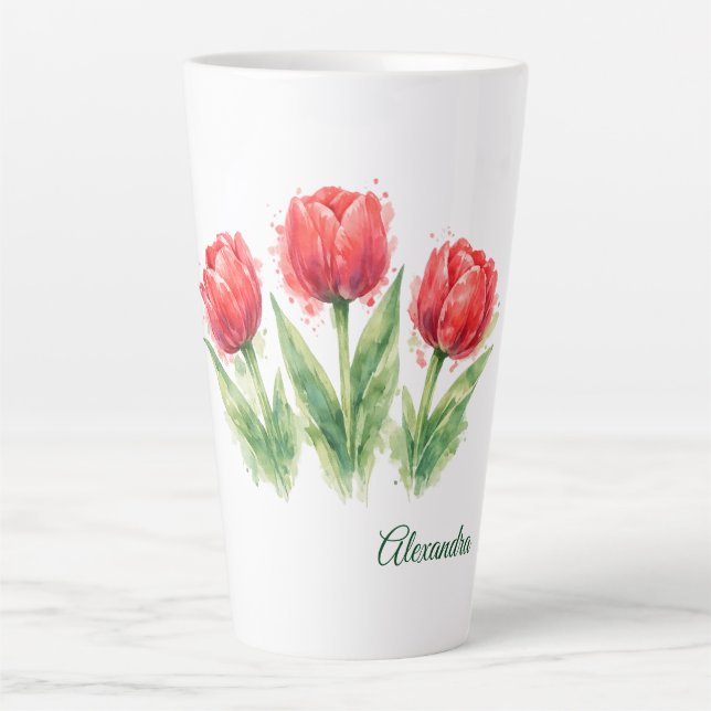 Personalized Watercolor Red Tulips  Milchtasse (Vorderseite)