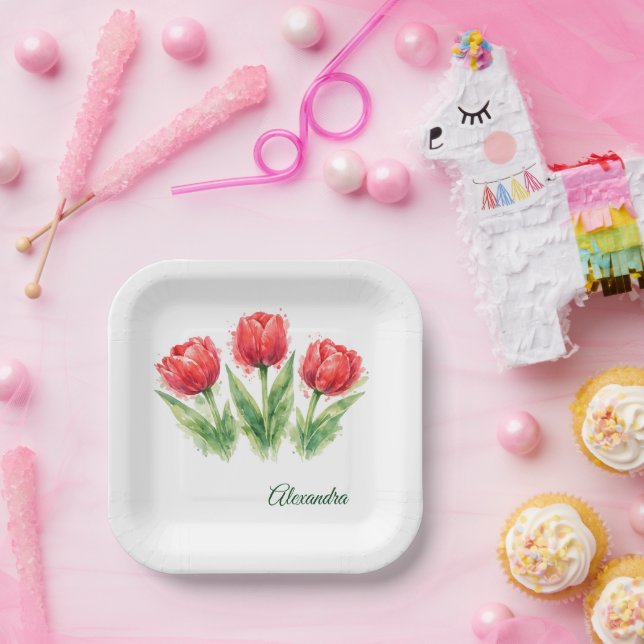 Personalized Watercolor Red Tulips  Pappteller (Party)