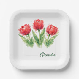 Personalized Watercolor Red Tulips  Pappteller