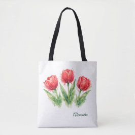Personalized Watercolor Red Tulips Tote Bag Tasche