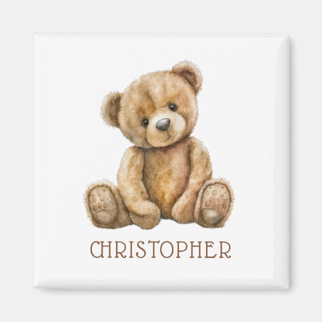 Personalized Watercolor Teddy Bear Name Magnet (Devant)