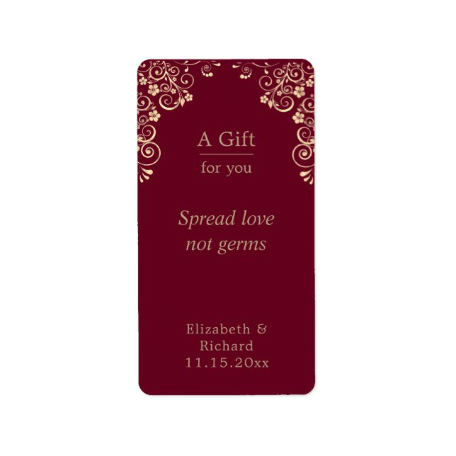Personalized Wedding Burgundy Gold Hand Sanitizer Adressaufkleber (Vorne)