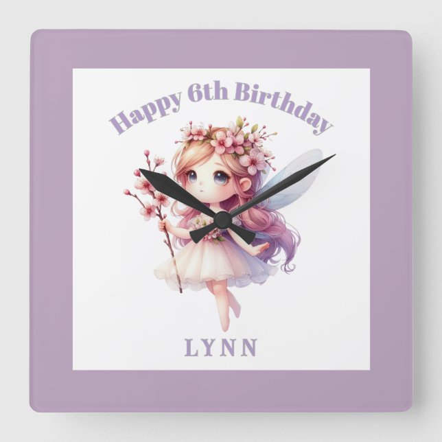 Personalized Whimsical Floral Fairy  Quadratische Wanduhr (Vorderseite)