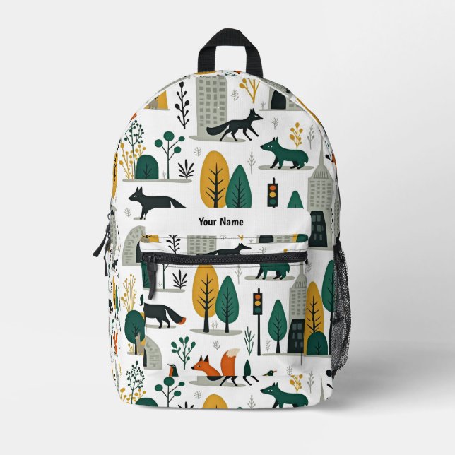 Personalized Whimsical Fox & Cityscape Kids Bedruckter Rucksack (Vorderseite)