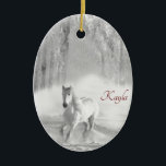 Personalized White Arabian Horse in Snowy Forest Keramik Ornament<br><div class="desc">Isn't this a stunning image of a beautiful white thoroughbred Arabian horse running in a snowy forest? Perfect for those who love horses or monotone art. Customize with your own name or another message. If you have any problems,  you can contact me for help. ©2017Mary Wickison</div>