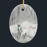 Personalized White Arabian Horse in Snowy Forest Keramik Ornament<br><div class="desc">Isn't this a stunning image of a beautiful white thoroughbred Arabian horse running in a snowy forest? Perfect for those who love horses or monotone art. Customize with your own name or another message. If you have any problems,  you can contact me for help. ©2017Mary Wickison</div>