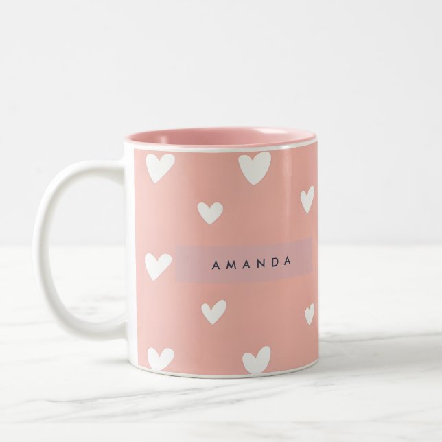 Personalized White Heart Pattern on Blush  Zweifarbige Tasse (Links)