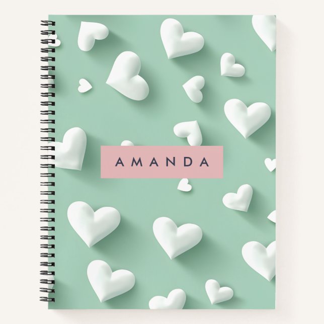 Personalized White Heart Pattern on Mint Notizbuch (Vorderseite)